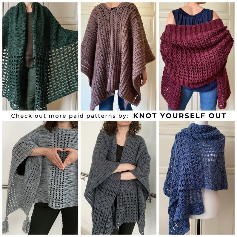 May include: Five crochet shawls in different colors, including green, brown, burgundy, gray, and blue. The shawls are made with a lacy stitch pattern and have a fringed edge. The text "Check out more paid patterns by: KNOT YOURSELF OUT" is displayed at the bottom of the image.