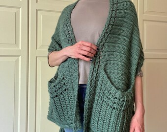 EASY Crochet Pocket Shawl PATTERN, Pocket Scarf Crochet Wrap, Easy - Main Image