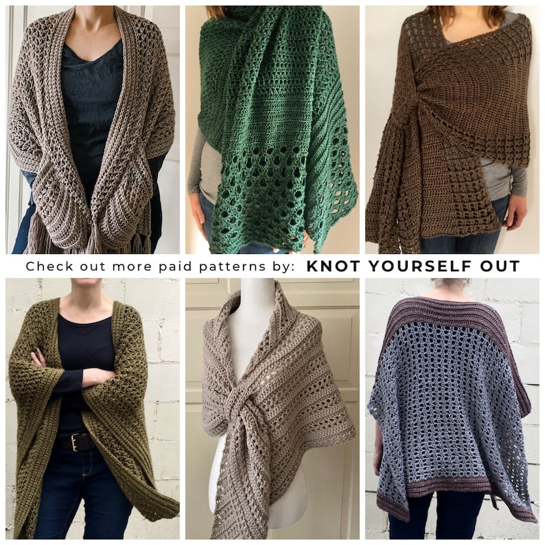 May include: Five different crochet shawls in various colors, including brown, green, gray, and beige. The shawls are shown draped over mannequins and people. The text "Check out more paid patterns by: KNOT YOURSELF OUT" is at the bottom of the image.