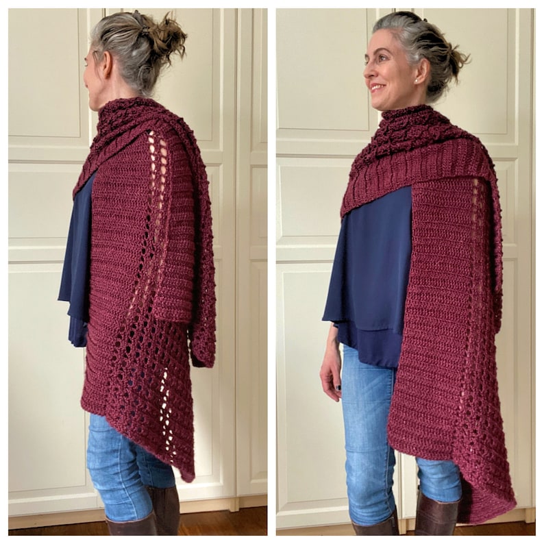 May include: A maroon crocheted shawl with a long, asymmetrical design. The shawl is worn over a blue top and jeans.