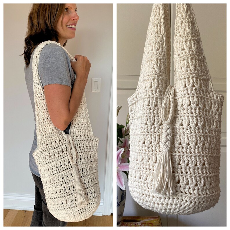 May include: A white crocheted tote bag with a long strap and a tassel. The bag is made with a simple stitch pattern and has a relaxed, bohemian style.