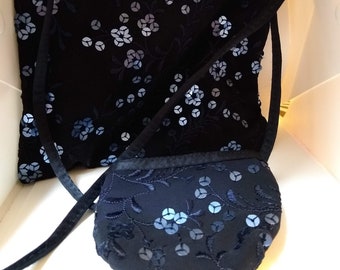 Silk Navy Blue Sequin Evening Bag and Purse Set 1990