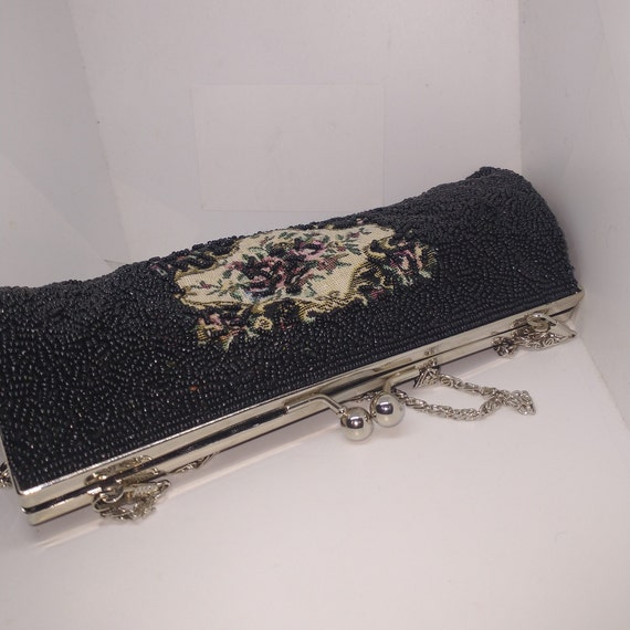 Vintage Evening Black Beaded Floral Tapestry Hand… - image 6
