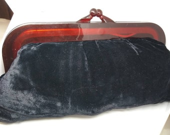 Vintage Black Velvet Bakelite Framed Evening Clutch Bag 1950s