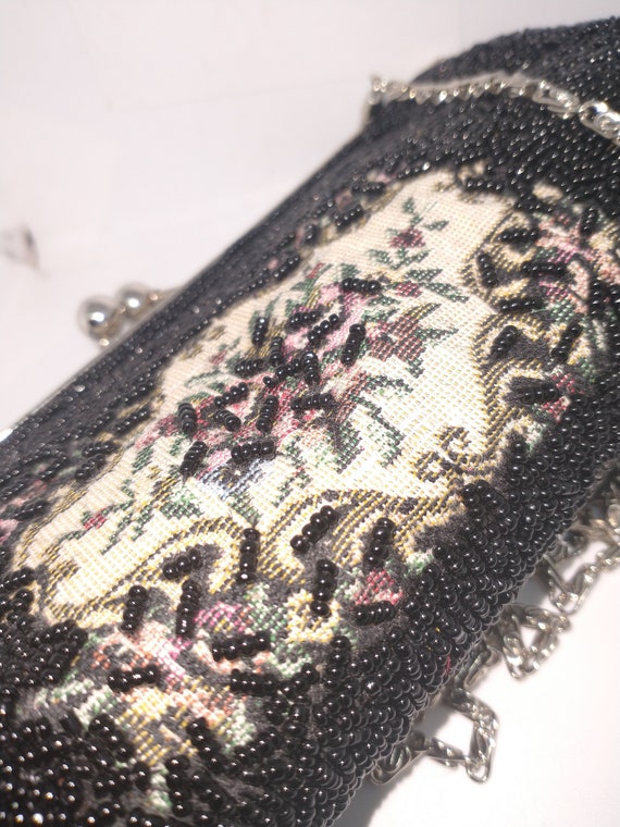 Vintage Evening Black Beaded Floral Tapestry Hand… - image 5