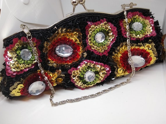 Floral Designer Evening Bag Beaded Sequin Design Vintage Kissing