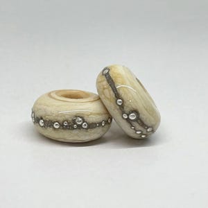 Small Murano Glass Lampwork Beads: Ivory & Silver 999, Handmade, Big Hole 2 pcs