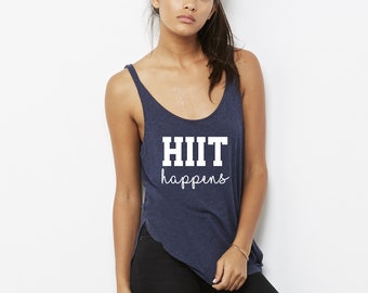 Womens Hiit Happens, Gym Tank, Fitness Top, Yoga Top, Dance Tank, Flowy Side Slit Tank Heather Blue/White by Sloganfit