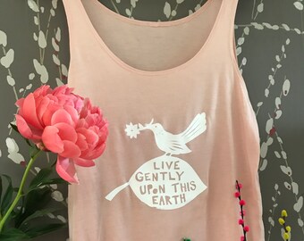 Women's Live Gently Upon This Earth, Gym Tank, Fitness Top, Yoga Top, Dance Tank, Flowy Side Slit Tank Pale Pink by Sloganfit