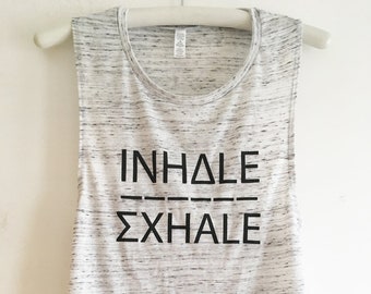Inhale Exhale Flowy Scoop Muscle Fitness Gym Vest, Workout Tank, Training Top Marble White by Sloganfit