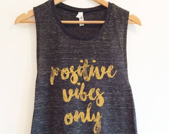 Ladies Positive Vibes Only Flowy Scoop Muscle Fitness Gym Vest, Workout Tank, Training Top Marble Grey/Gold by Sloganfit