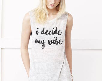 I Decide My Vibe Flowy Scoop Muscle Fitness Gym Vest, Workout Tank, Training Top Marble White by Sloganfit
