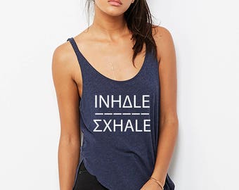 Inhale Exhale, Womens Gym Tank, Fitness Top, Yoga Top, Dance Tank, Flowy Side Slit Tank Heather Blue by Sloganfit