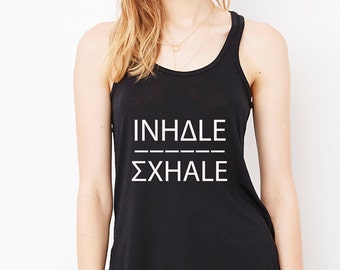 Women&#39;s Inhale Exhale Flowy Rouchd Racerback Tank, Yoga Vest, Fitness Top, Yoga Top, Pilates Vest, Workout Top, Black by Sloganfit