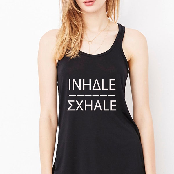 Women's Inhale Exhale Flowy Rouchd Racerback Tank, Yoga Vest, Fitness Top, Yoga Top, Pilates Vest, Workout Top, Black by Sloganfit