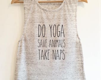 Do Yoga Save Animals Take Naps Flowy Scoop Muscle Fitness Gym Vest, Workout Tank, Training Top Marble White by Sloganfit