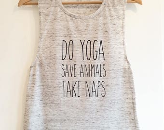 Do Yoga Save Animals Take Naps Flowy Scoop Muscle Fitness Gym Vest, Workout Tank, Training Top Marble White by Sloganfit