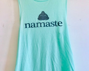 Ladies Namaste Flowy Scoop Muscle Fitness Gym Vest, Workout Tank, Training Top Mint Green/Grey by Sloganfit