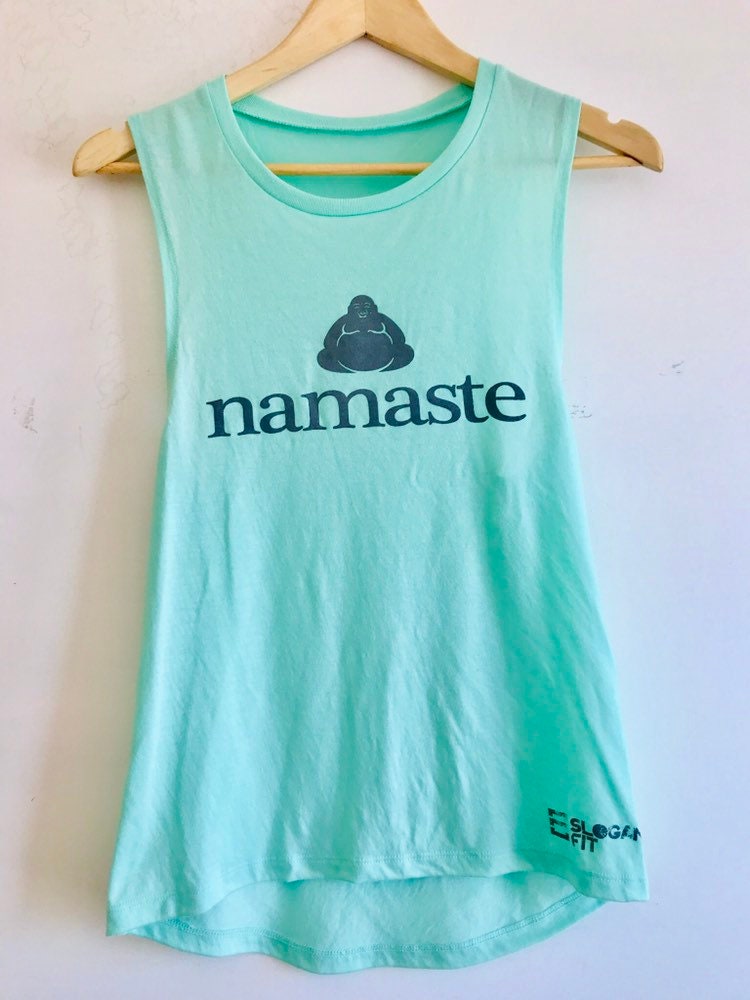 Ladies Namaste Flowy Scoop Muscle Fitness Gym Vest, Workout Tank, Training Top Mint Green/Grey by Sloganfit