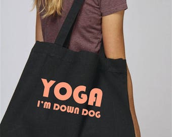 Yoga I&#39;m Down Dog Recycled Woven Shopper, Ethically produced, Canvas, Garment Washed Ladies Bag Black/Coral