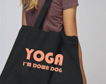 Yoga I'm Down Dog Recycled Woven Shopper, Ethically produced, Canvas, Garment Washed Ladies Bag Black/Coral