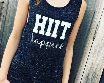 Ladies HIIT Happens Flowy Scoop Muscle Fitness Gym Vest, Workout Tank, Training Top Marble Grey/White by Sloganfit