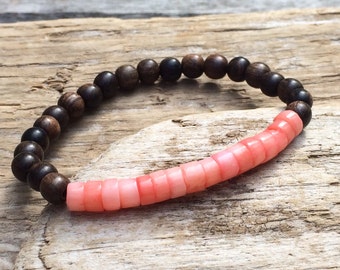 Genuine Pink Coral Healing Beads with Tiger Ebony Wood// BESOS JEWELRY by AMBER Beaded Bracelet// Stacking Bracelet// Nautical Bracelet