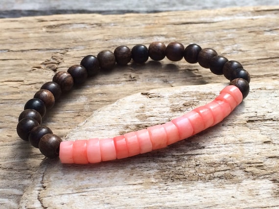 Genuine Pink Coral Healing Beads with Tiger Ebony Wood// BESOS JEWELRY by AMBER Beaded Bracelet// Stacking Bracelet// Nautical Bracelet