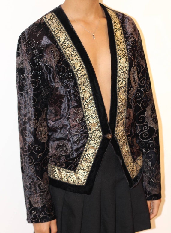 80s Velvet Blazer With Gold Embroidery