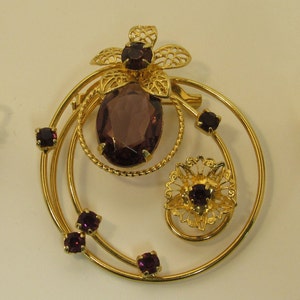 Vintage Glass Amethyst Brooch & Clip-on Earrings Shiny Gold Tone Unmarked