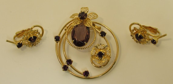 Vintage Glass Amethyst Brooch & Clip-on Earrings … - image 1