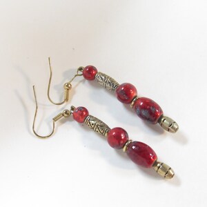 Vtg Red Enamel Cloisonne Balls Dangling Pierced French Hook Earrings Gold Tone