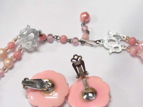 Vintage Ladies 16" Pink Beads Stone Necklace & Ea… - image 6