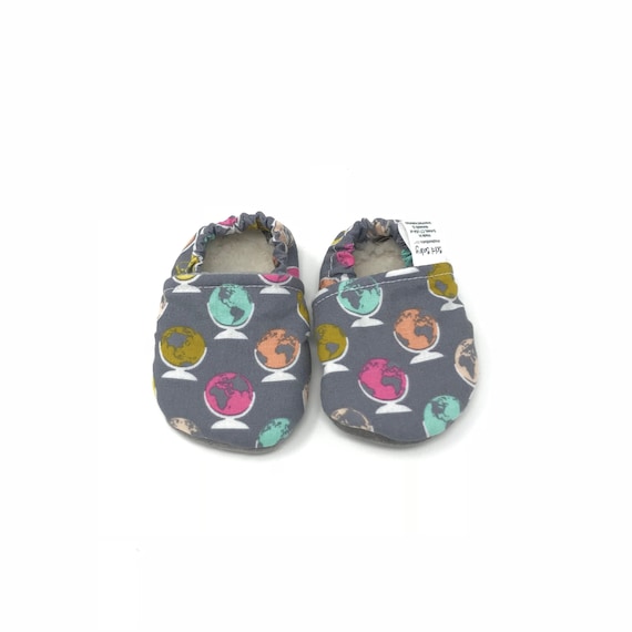 Grey Globe Print Moccasins Size 3 4.5 Ready to Ship Soft Sole
