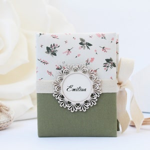 Personalized baby photo album.  Girl baby album.  First year album. Baby photo album green. Baby photo album flowers.