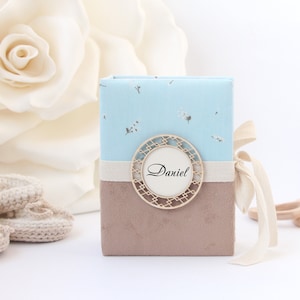 Baby photo album blue with brown.  Baby boy photo album.  First year album. Personalized baby photo album. Linen Burlap Photo Album