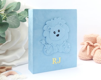 Personalized baby photo album 4x6, modern baby album, baby photo album pink gold, suede photo album, girl baby photo album, album with bear.