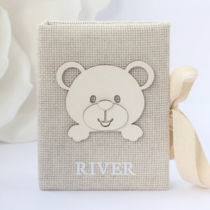Álbum de fotos personalizado de lino para bebé con diseño de oso, tamaño 4x6.