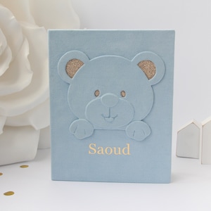 Personalized baby boy photo album 4x6, Baby photo album blue gold, suede photo album, baby boy photo album, album with bear.