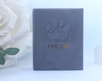 Álbum de fotos personalizado para gatos com desenho de pata. Livro de memórias personalizado para animais de estimação. Álbum de fotos para homenagear a perda de um gato.