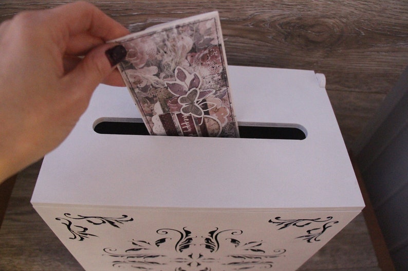 Wedding box with slot for cards White card box for wedding White silver sparkles box cards Wedding card holder box Wedding gift card box