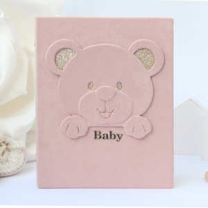 Baby girl photo album 4x6, personalised baby photo album pastel pink with gold, suede photo album, baby photo album bear, baby shower gift