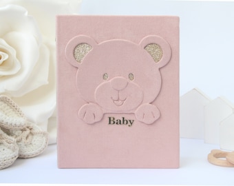 Baby girl photo album 4x6, personalised baby photo album pastel pink with gold, suede photo album, baby photo album bear, baby shower gift