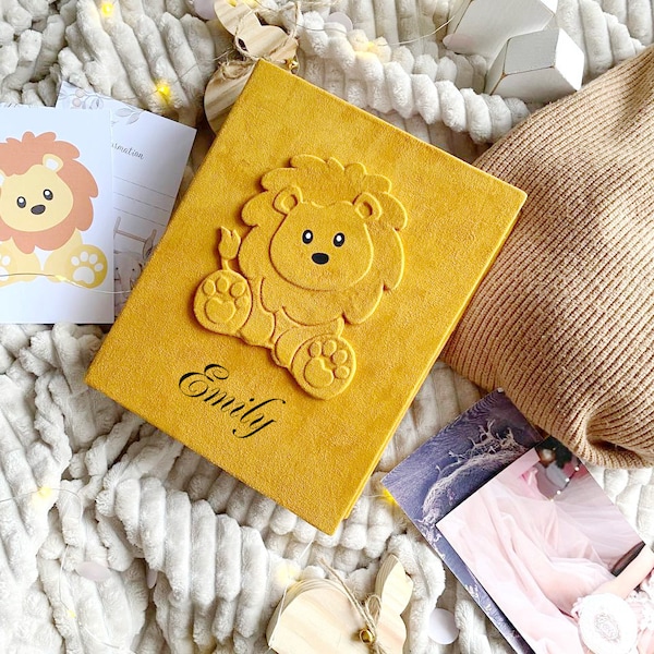 Personalized Baby Family Photo Album 4x6, Faux Suede Photo Album Lion, Baby shower gift. Photo album with sleeves 36 photo.