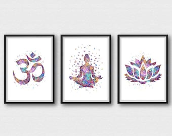 Yoga Art Set, Yoga Posters, Yoga Pose, Yoga Print Watercolor, Yoga Studio, Om Symbol Sukhasana Pose, Lotus Flower Wall Decor Yoga Gifts A366