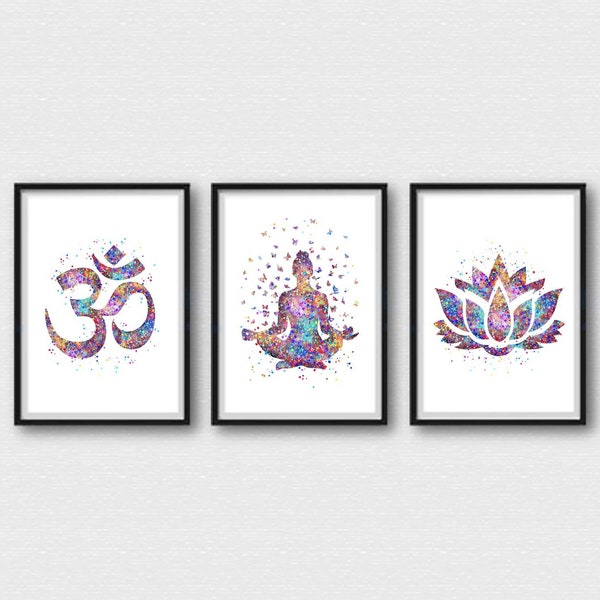 Yoga Art Set, Yoga Posters, Yoga Pose, Yoga Print Watercolor, Yoga Studio, Om Symbol Sukhasana Pose, Lotus Flower Wall Decor Yoga Gifts A366