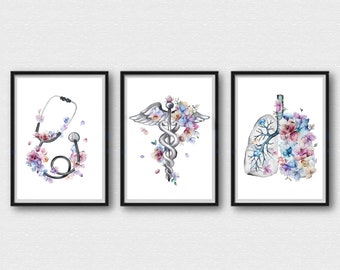 Stethoscope Caduceus Lungs Print Set, Anatomy Art Posters, Medical Wall Art, Gift for Doctor Nurse, Pulmonology Clinic Office Decor A125