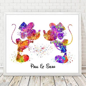 Mickey and Mickey Mouse Wedding Print Gay Art Custom Names Watercolor Wall Art Disney Love Poster Gay Wedding Gift Couple Personalized A240