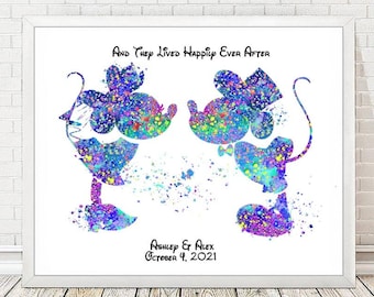 May include: A watercolor painting of Mickey and Minnie Mouse in wedding attire. The background is white with colorful splatters of paint. The text "And they lived happily ever after" is at the top of the image. The text "Ashley & Alex October 4, 2021" is at the bottom of the image.