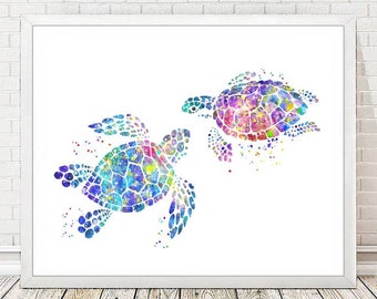 Impresión artística de amor con tortugas marinas, regalo de boda, acuarela, póster de arte de pared, decoración de pared para guardería, arte náutico, playa, hogar, dormitorio, baño, A203